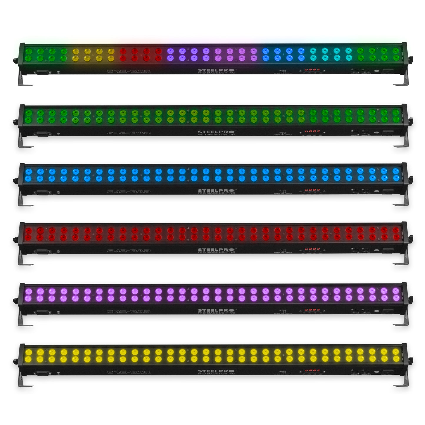 Barra LED 642-BAR (64x2W) RGB Full Color. Modos: DMX (hasta 26 ch), Auto y Audio. Incluye Dimmer y Estrobo. Ideal para escenarios. Medidas: 101.5x7x12cm. Peso: 2.18 Kg. Potencia y control profesional.