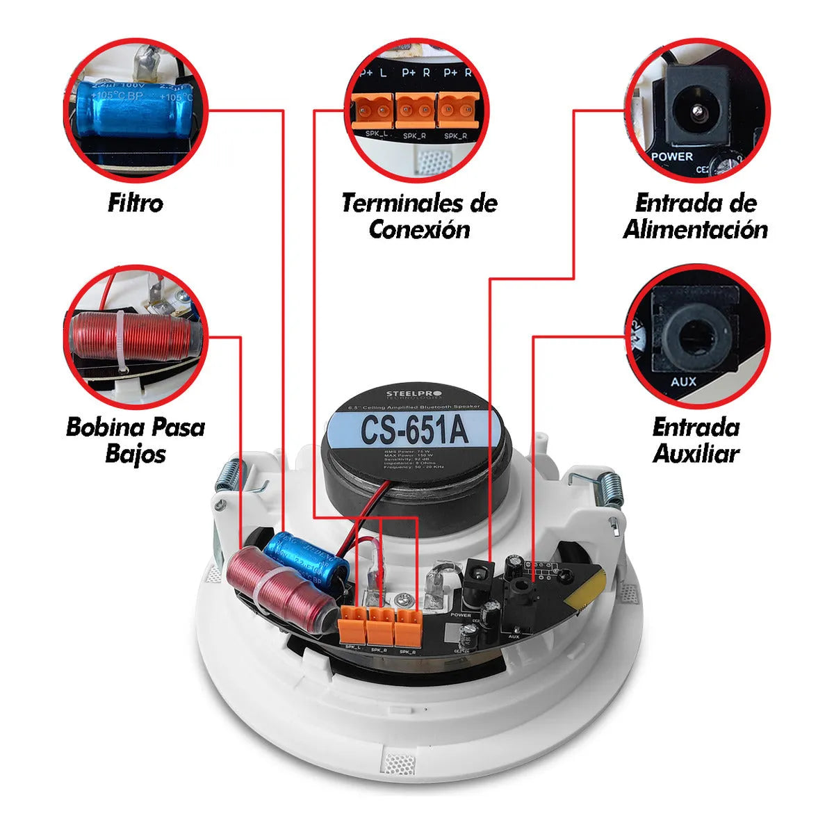 4 Bocinas Plafon Bluetooth Amplificada 6.5 PuLG By Steelpro