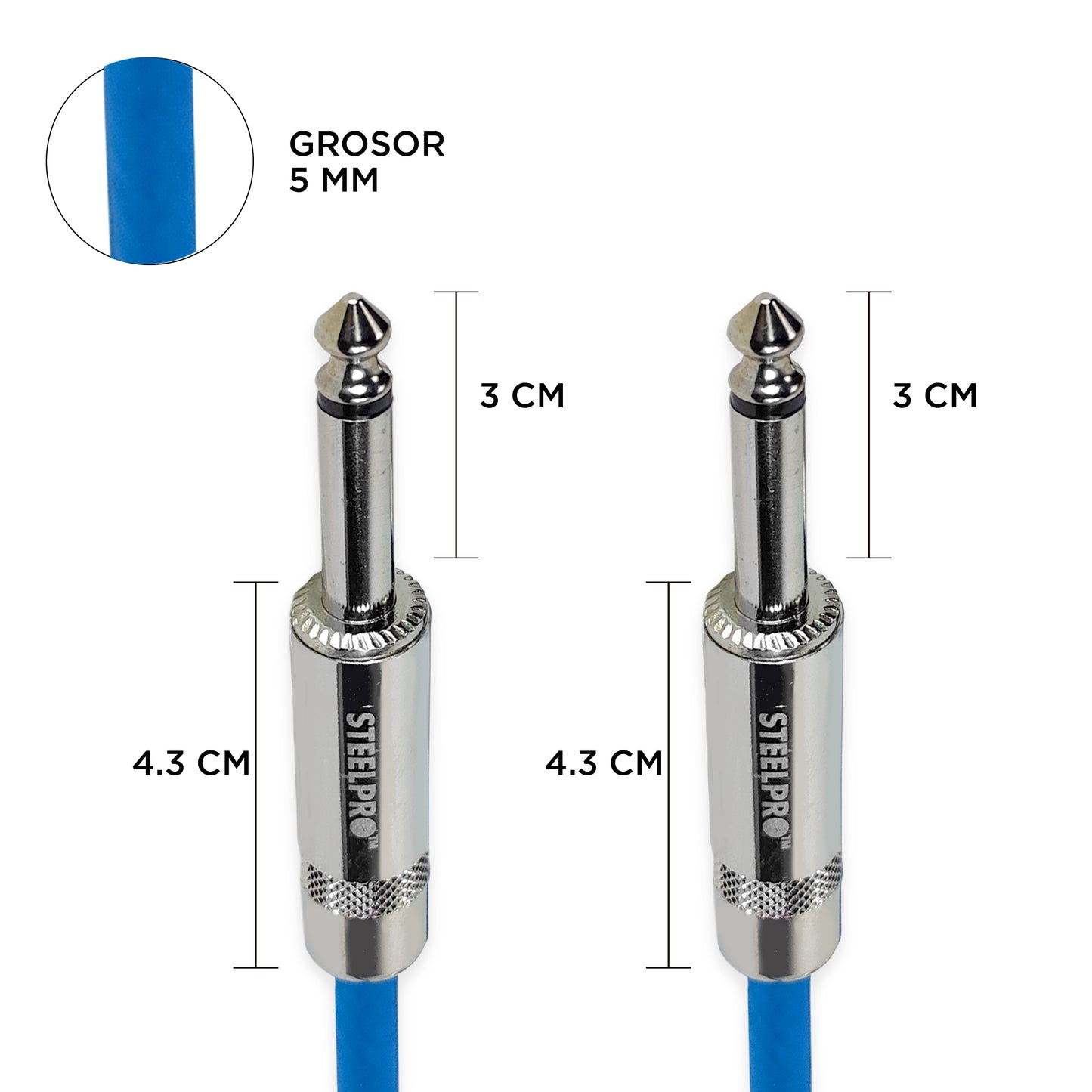 6363-AZ-6M Cable Azul Plug 6.3 Profesional 6m Para Guitarra Plug6.3-Plug6.3 Steelpro