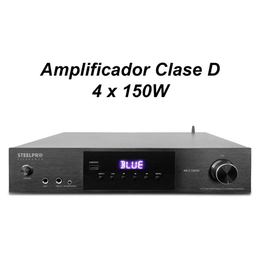 Amplificador de Audio Steelpro AB-4.150HA 4 Canales Bluetooth 600W (4x150W) con Selector de Zonas A/B para Bocinas 8 Ohms