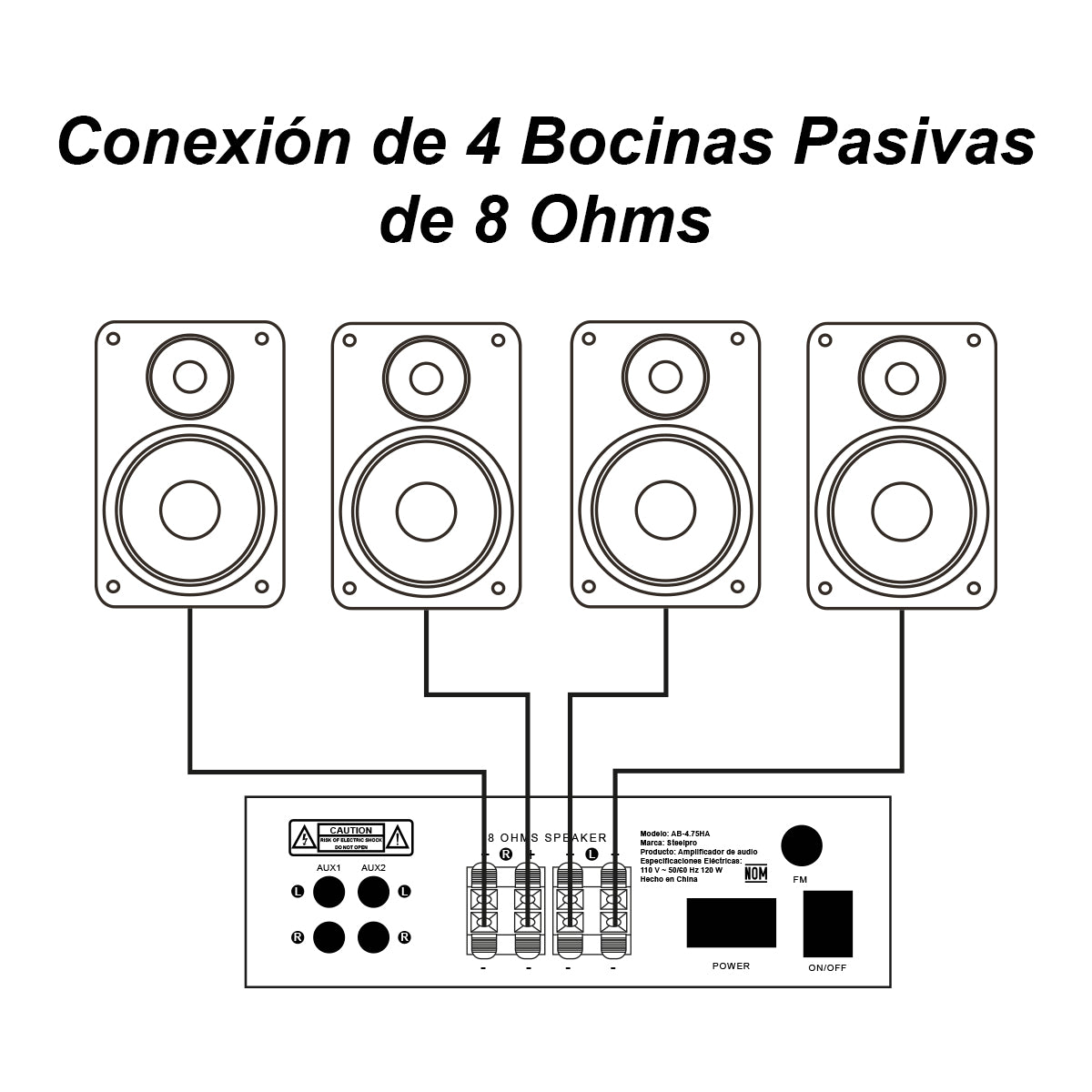 Amplificador de Audio Steelpro AB-4.75HA 4 Canales Bluetooth 300W (4x75W) para Bocinas 8 Ohms