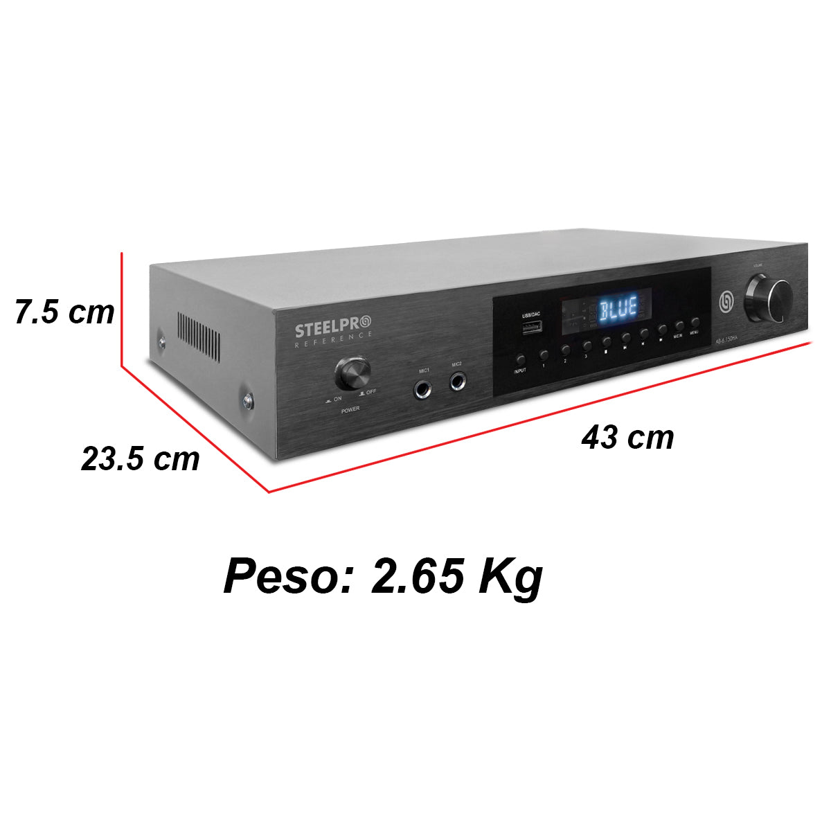 AB-6.150HA Amplificador de Audio 12 Canales Bluetooth 900W (6x150W) con Selector de Zonas 1/2/3 para Bocinas 8 Ohms Steelpro