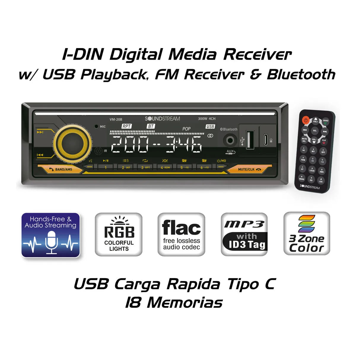 Autoestereo 1 Din Bluetooth Soundstream Vm-20b Usb Tipo C Aux Fm Rgb