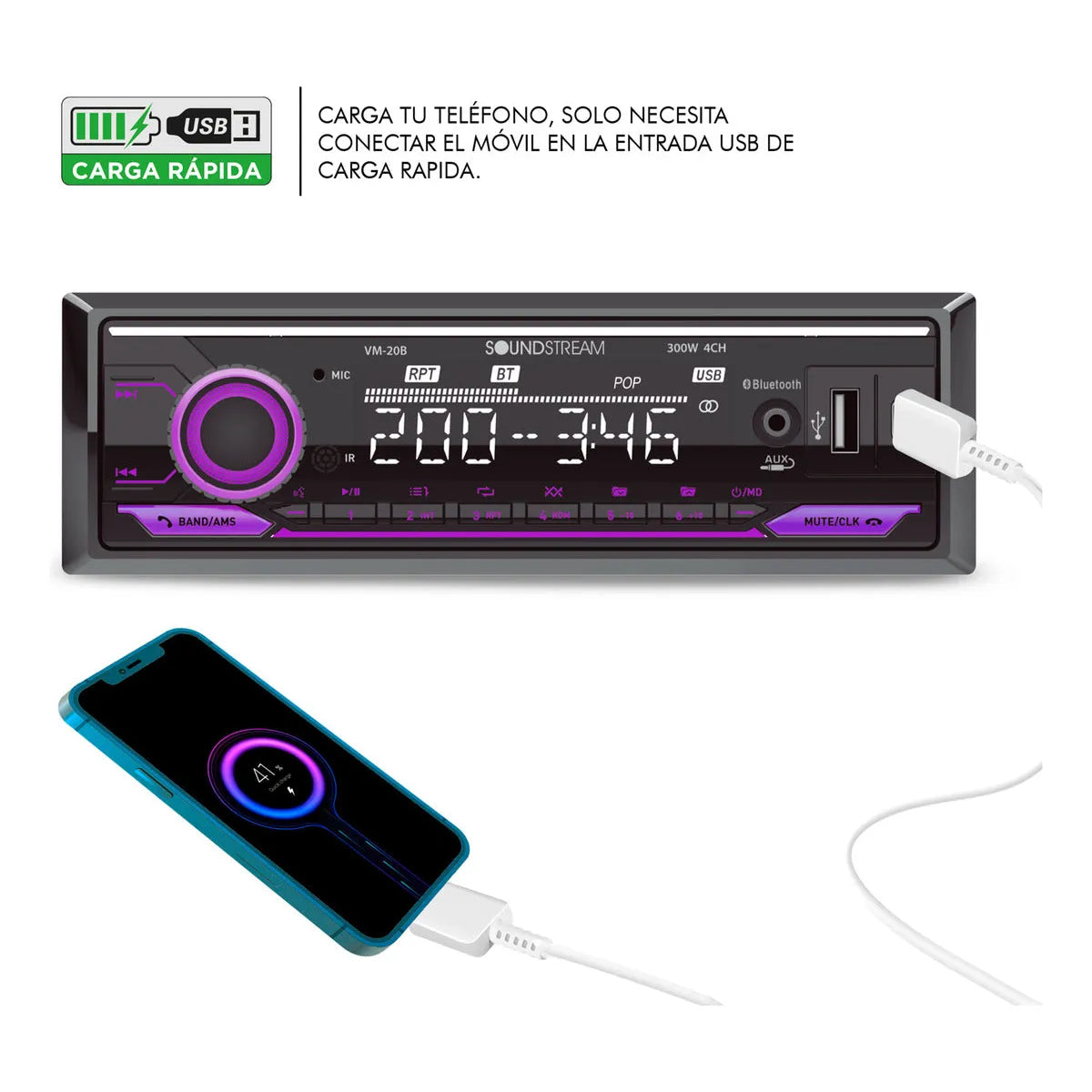 Autoestereo 1 Din Bluetooth Soundstream Vm-20b Usb Tipo C Aux Fm Rgb