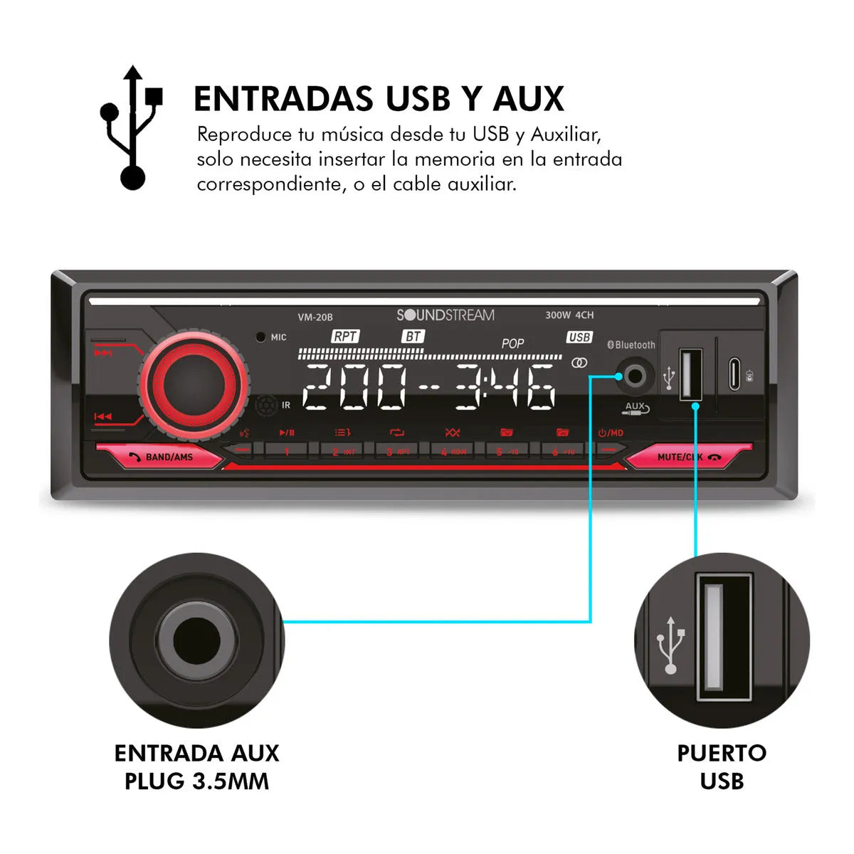 Autoestereo 1 Din Bluetooth Soundstream Vm-20b Usb Tipo C Aux Fm Rgb