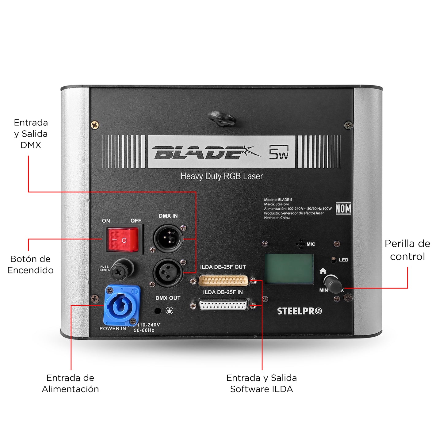 Láser Profesional BLADE-5W Steelpro RGB 5000mW: Efectos 2D, Animación y Dibujo, 10/18 Canales DMX, Control Audiorítmico y Maestro/Esclavo, 5W de Potencia Real para Eventos y Escenarios de Alto Impacto