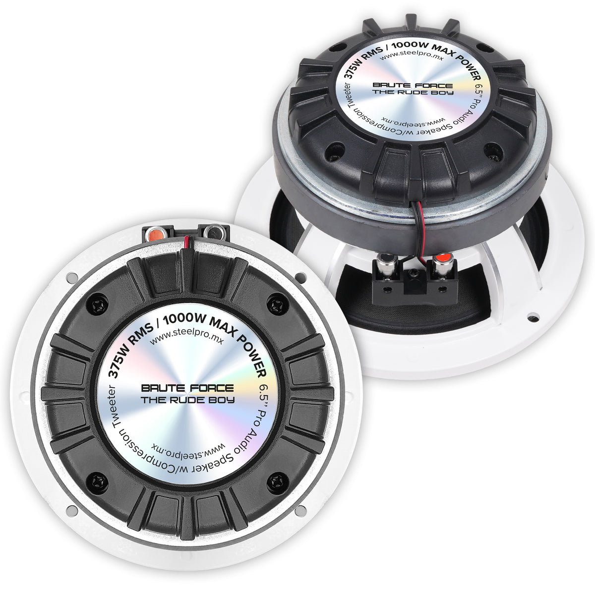 BRUTE FORCE Par De Bocinas Medio Rango Pro Show Audio 6.5" Tweeter Compresion Terminales Push 2X375W RMS 1000W Max Bobina 1.5 Iman Ferrita Canasta Aluminio 4 Ohms 93.8dB USA MAFIA The Rude Boy by Steelpro