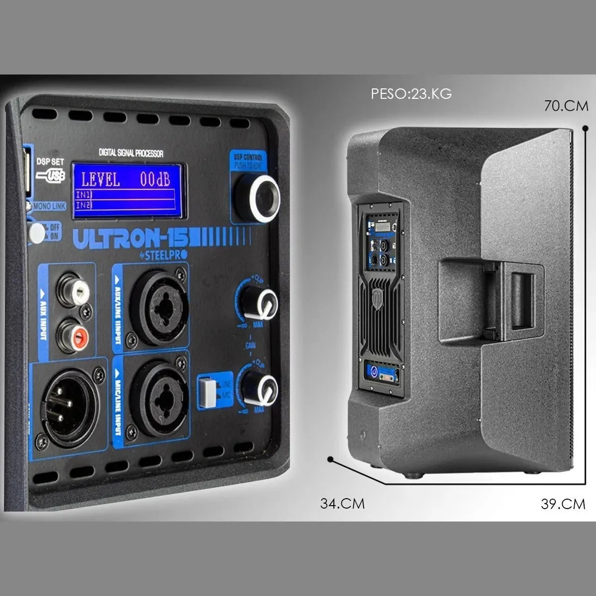 Bafle Steelpro Ultron 15 Negro, Bi-amplificado, 600w Rms, Subwoofer Activo, Con Bluetooth Y Pantalla