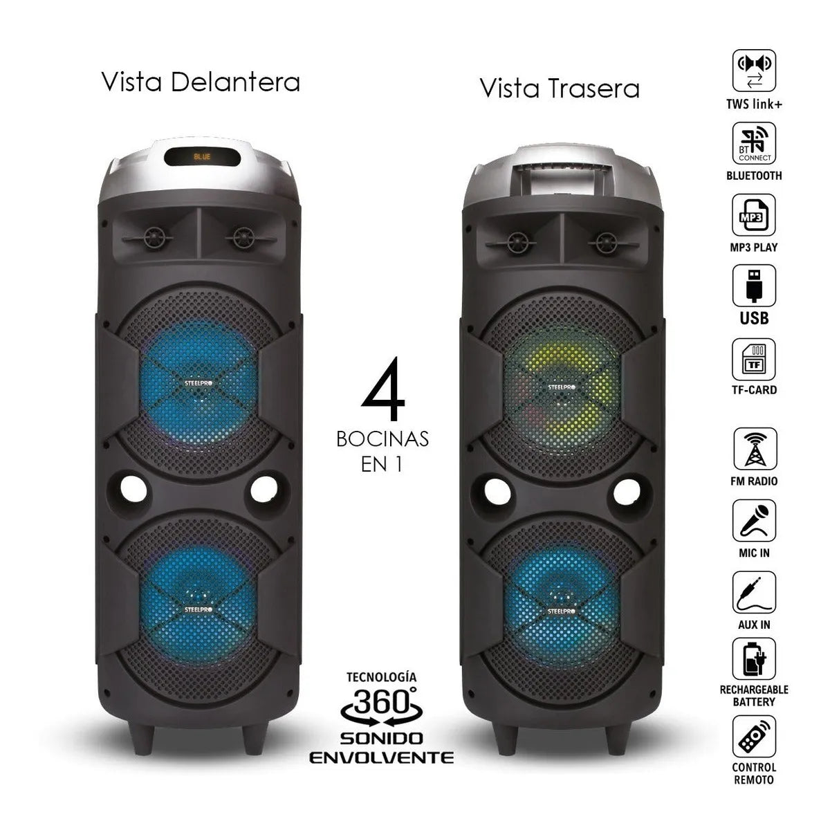 Bocina Portátil Steelpro Bazzoka 200w, Bluetooth, Karaoke, Negro