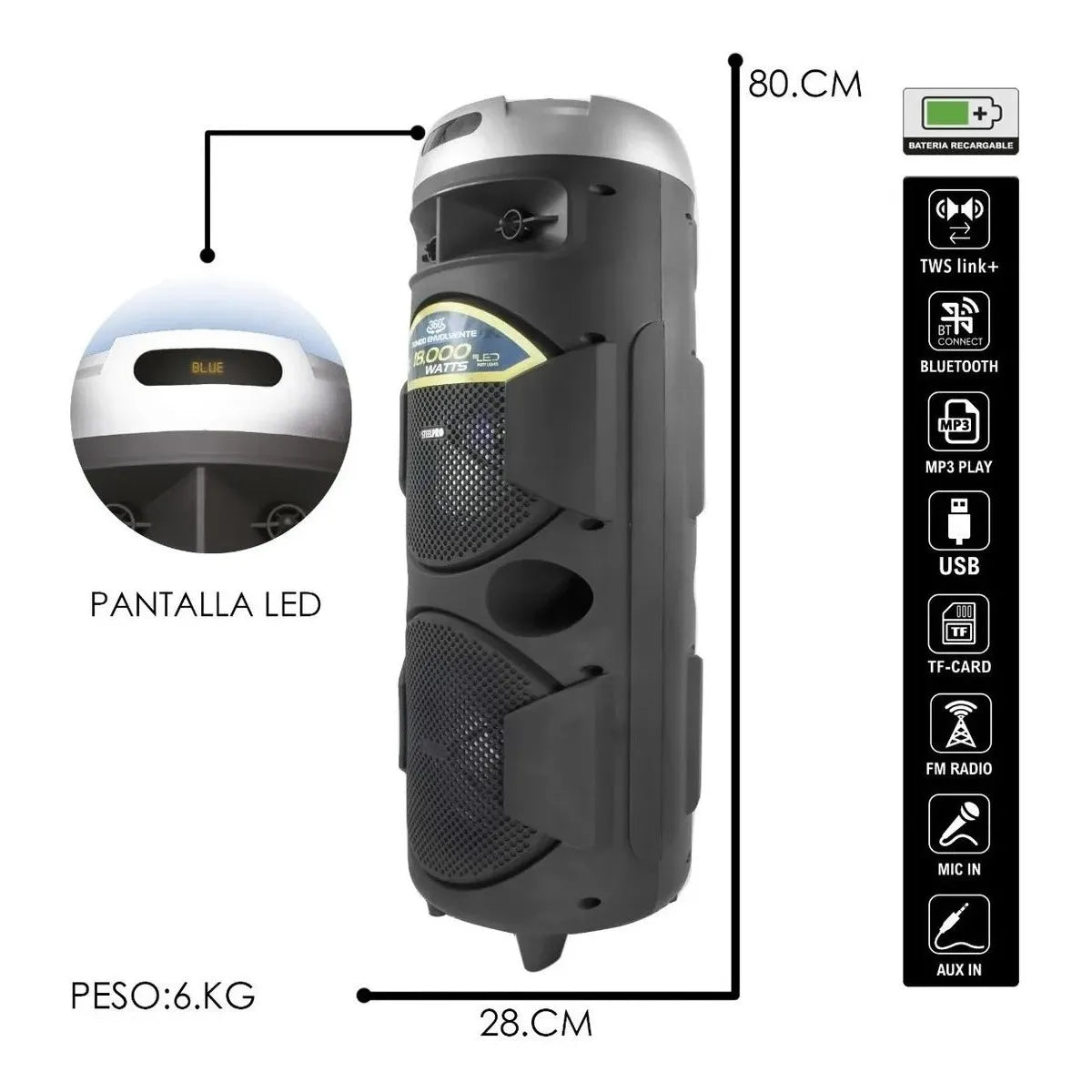 Bocina Portátil Steelpro Bazzoka 200w, Bluetooth, Karaoke, Negro