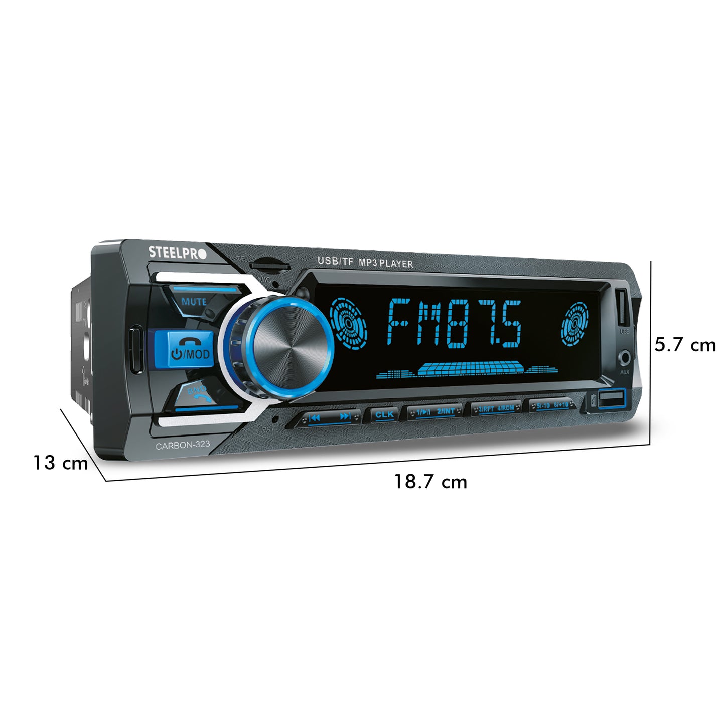 CARBON-323 Autoestéreo 1 DIN Bluetooth USB SD FM Manos Libres Pantalla LCD RCA Multicolor Steelpro