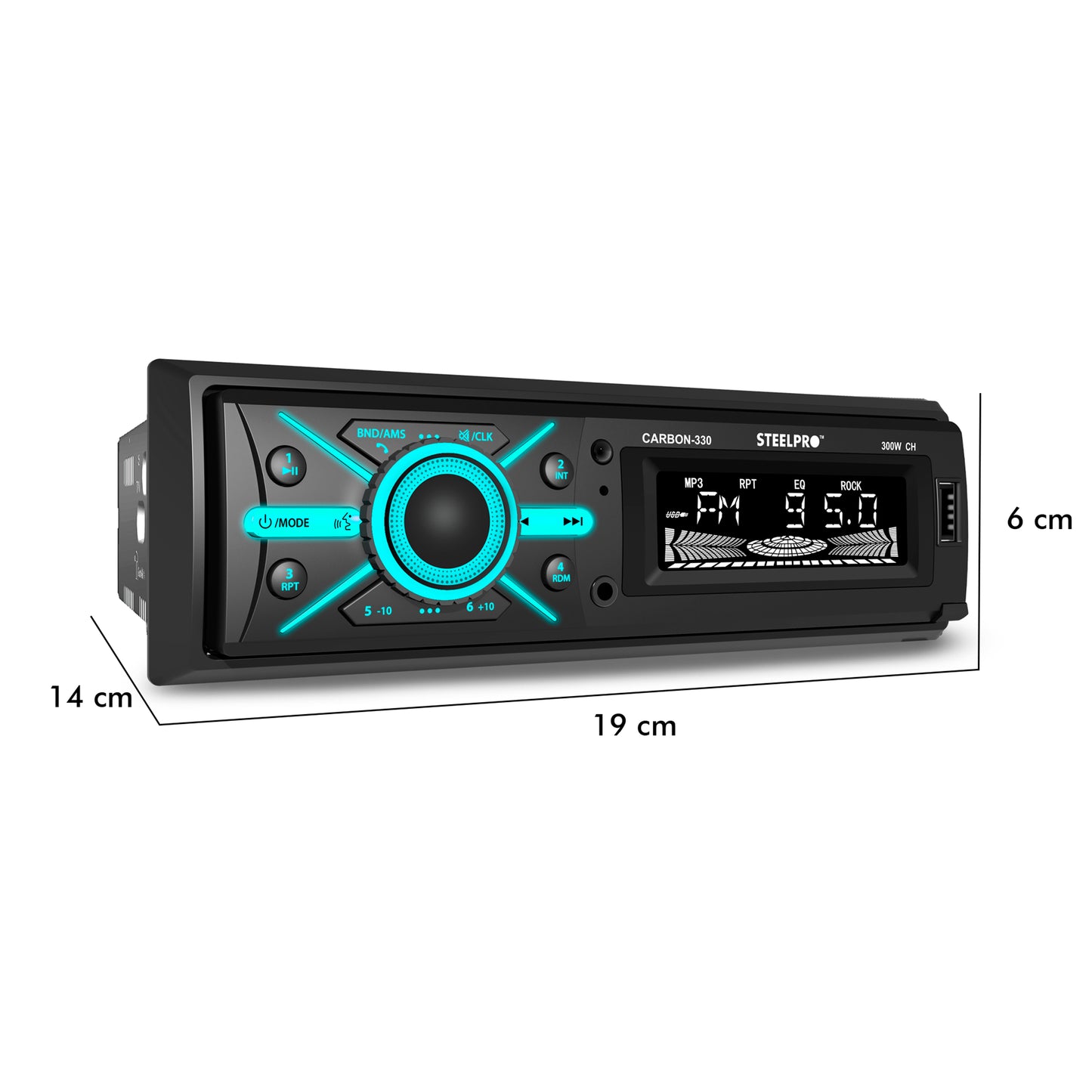 CARBON-330 Autoestéreo 1 DIN Bluetooth Push To Talk Carátula Desmontable Control por Voz USB FM 75W x4 Iluminación 7+3 Zonas Control Remoto Steelpro