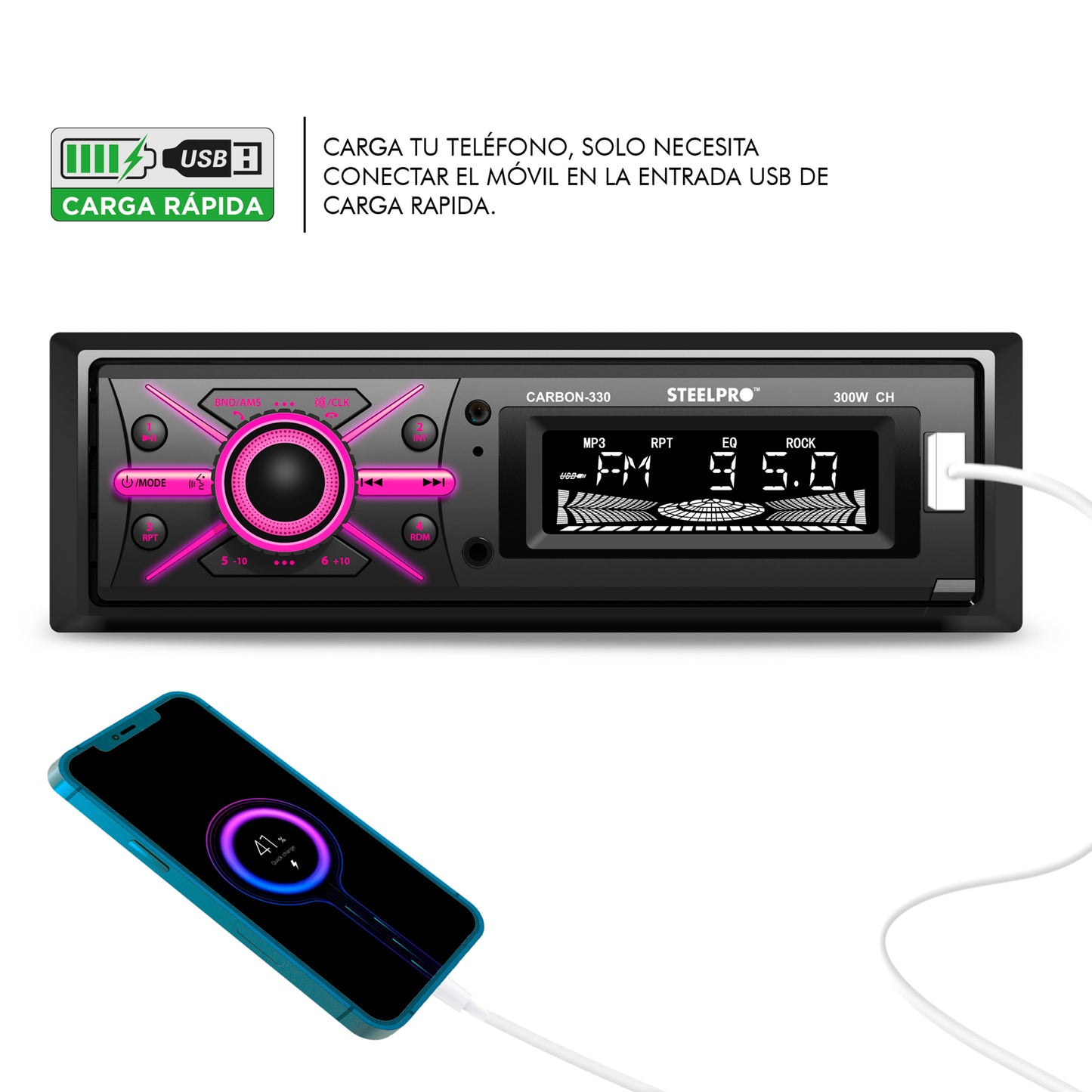 Autoestéreo 1 DIN Bluetooth CARBON-330 Steelpro USB FM Aux Carátula Desmontable Push To Talk Multicolor
