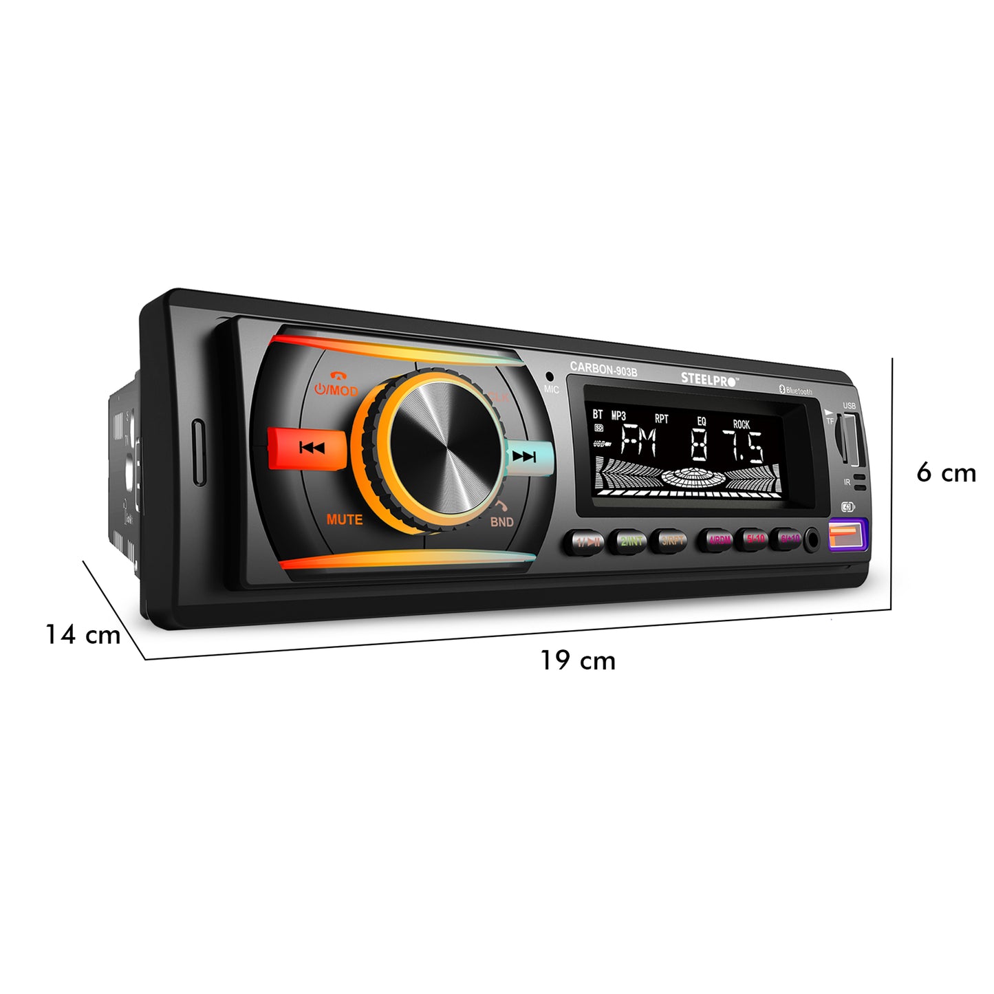 Autoestéreo 1 DIN Bluetooth CARBON-903B Steelpro USB SD FM Manos Libres Graba Llamadas RCA Multicolor