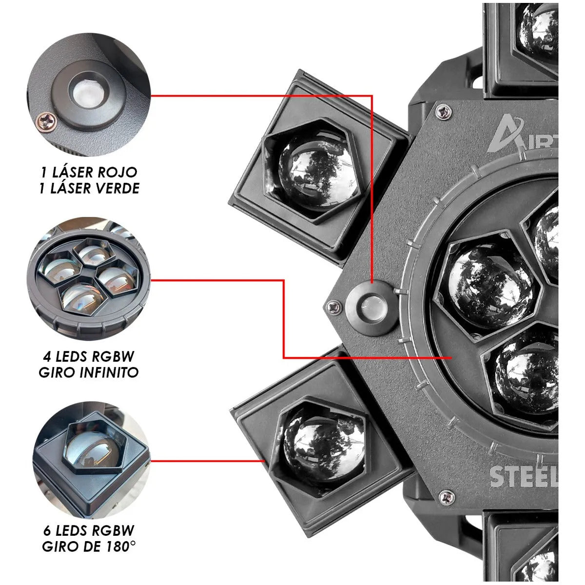 Cabeza Móvil Beam Giratorio Led Rgbw Con Laser Steelpro Modelo Airtrek 110v
