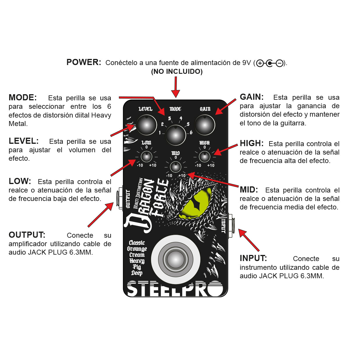 Pedal Para Guitarra Steelpro Dragon Force 6 Distorsión 9v