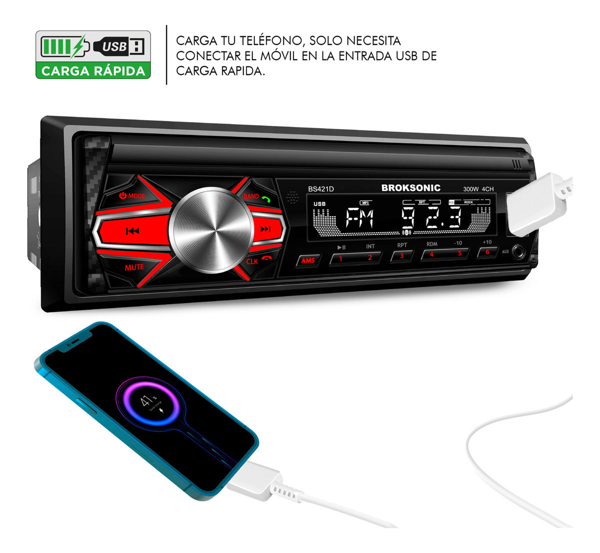 Autoestereo Desmontable Bocinas6.5 3vias Broksonic Bs-421d65