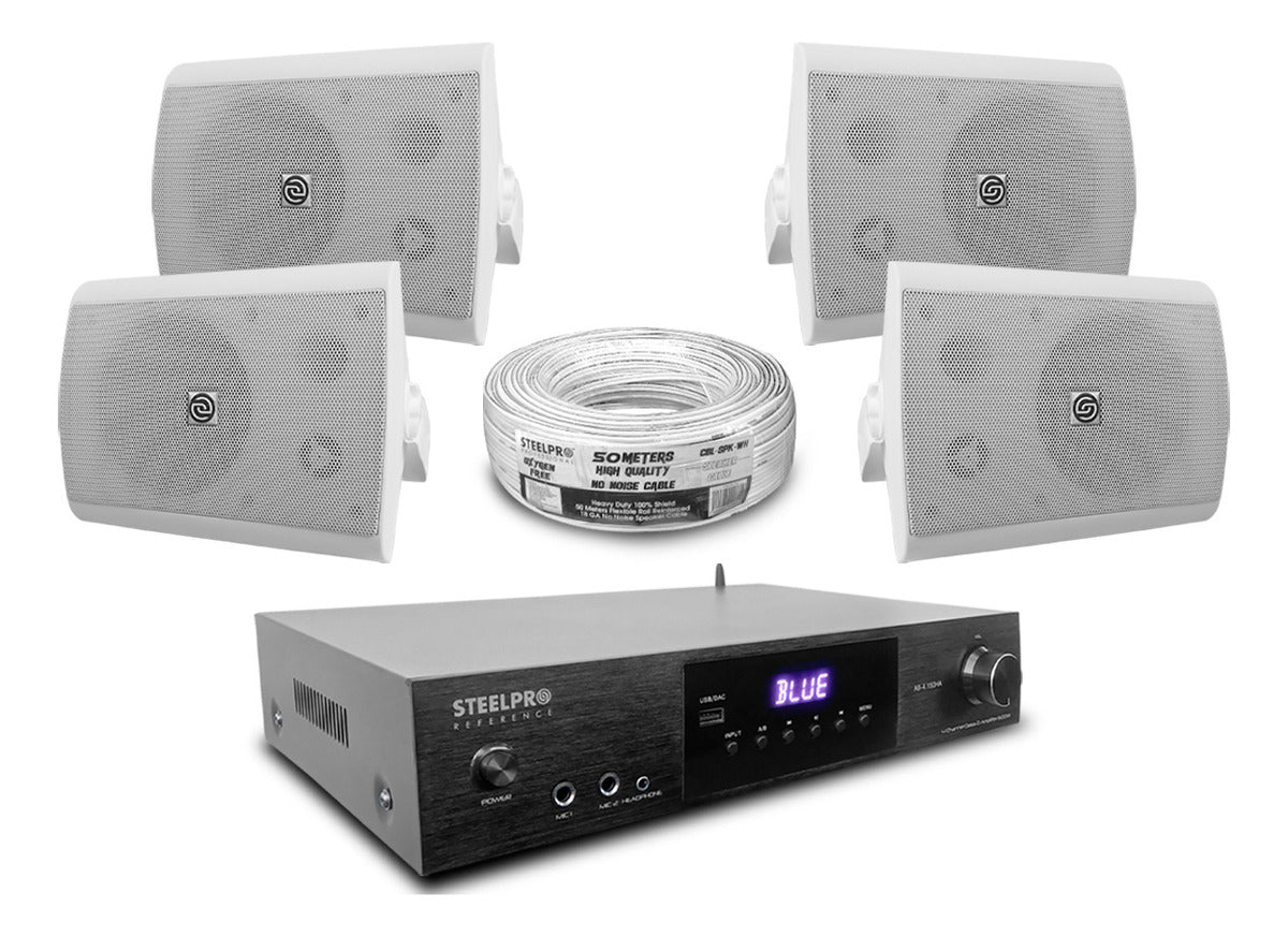 Kit Amplificador Bt 600w 4 Bafles Ambiental 6.5 By Steelpro Color Blanco