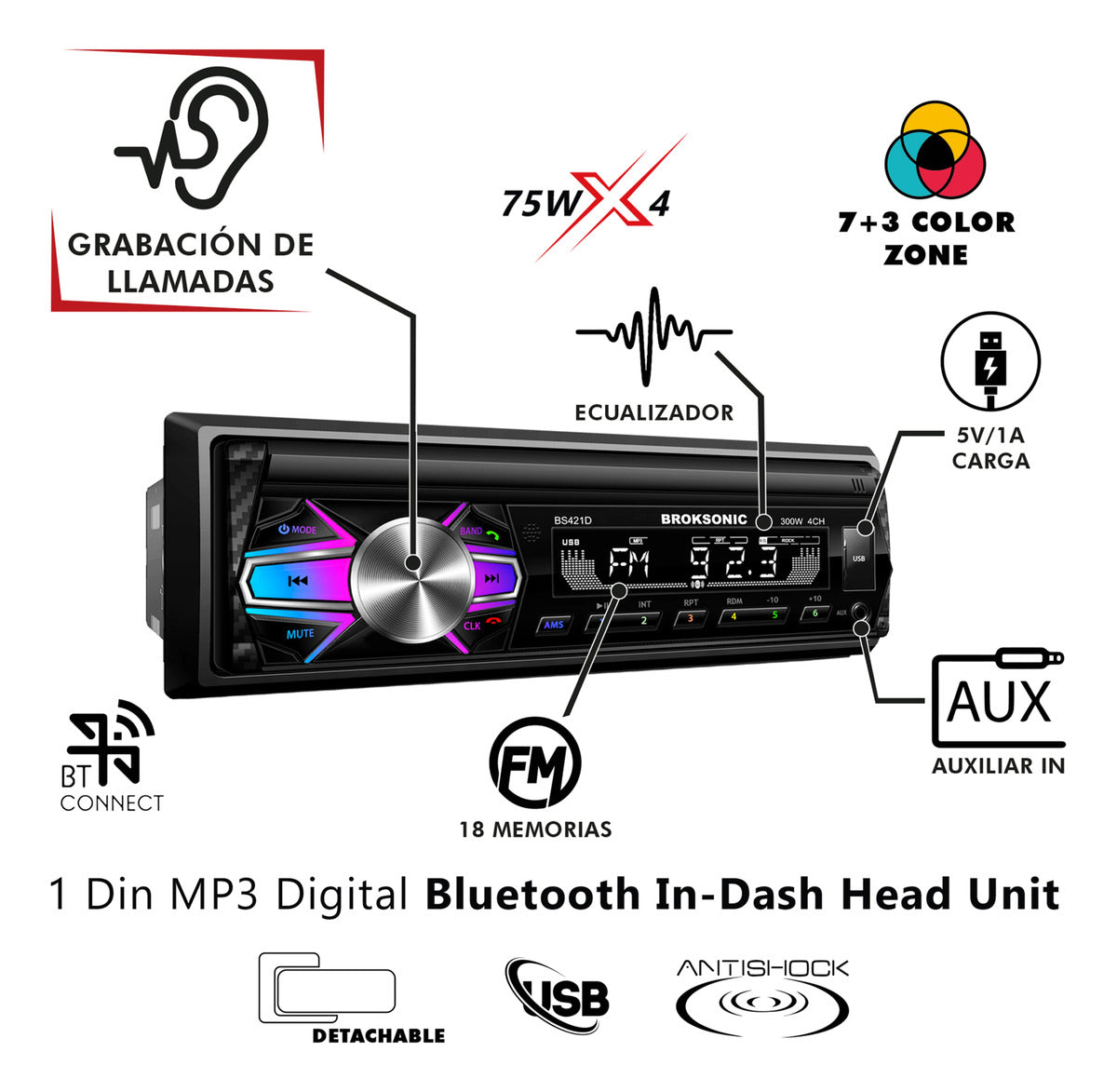 Autoestereo Desmontable Bocinas6.5 3vias Broksonic Bs-421d65