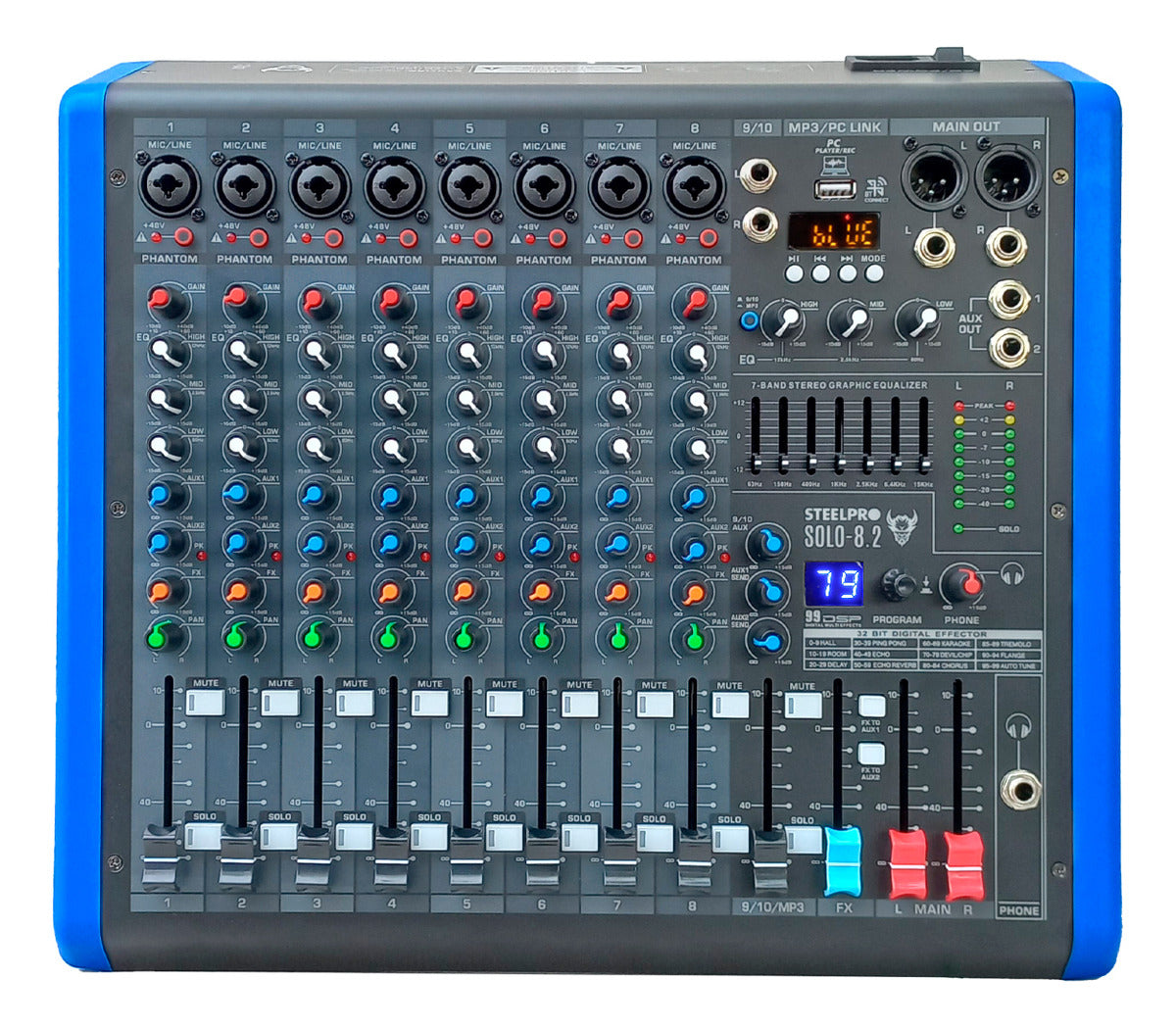 Mezcladora Profesional 8 Canales Dsp Voz Del Diablo Y Voz De Ardilla Solo-8.2 Steelpro