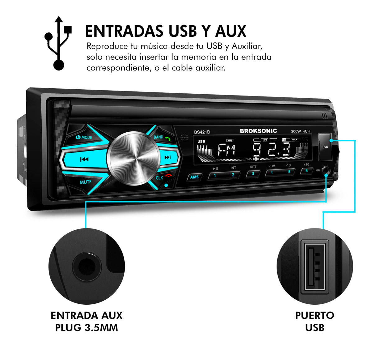 Autoestereo Desmontable Bocinas6.5 3vias Broksonic Bs-421d65