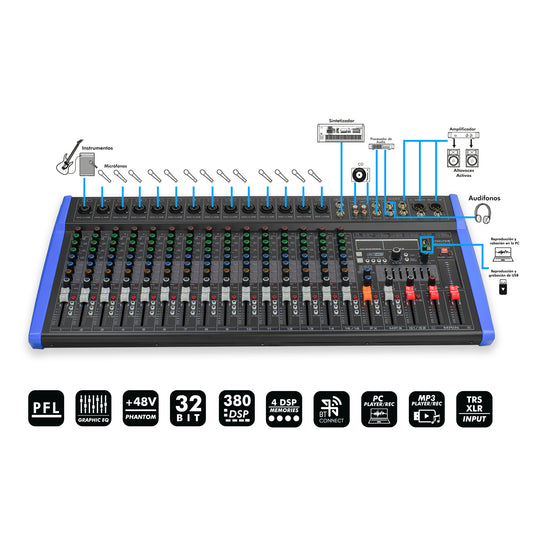 Mezcladora Audio Profesional 380-dsp Mix-alto 16 By Steelpro