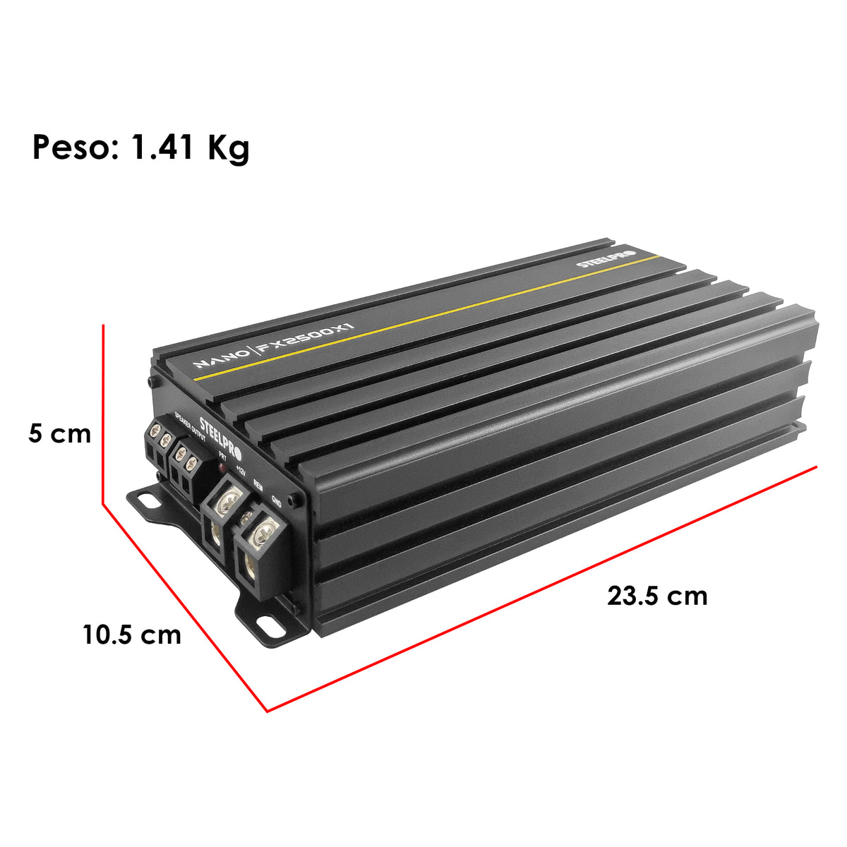 Steelpro NanoFX 2500X1 Micro Amplificador High-End Car Audio Monoblock Clase D 2500W Max 1200W RMS a 1 Ohm FQ 30-80 Hz THD Menor a 0.1% Crossover LPF Control Subacústico Rude Boost Estable 1 Ohm Chip IRS2092 MOSFET 4227