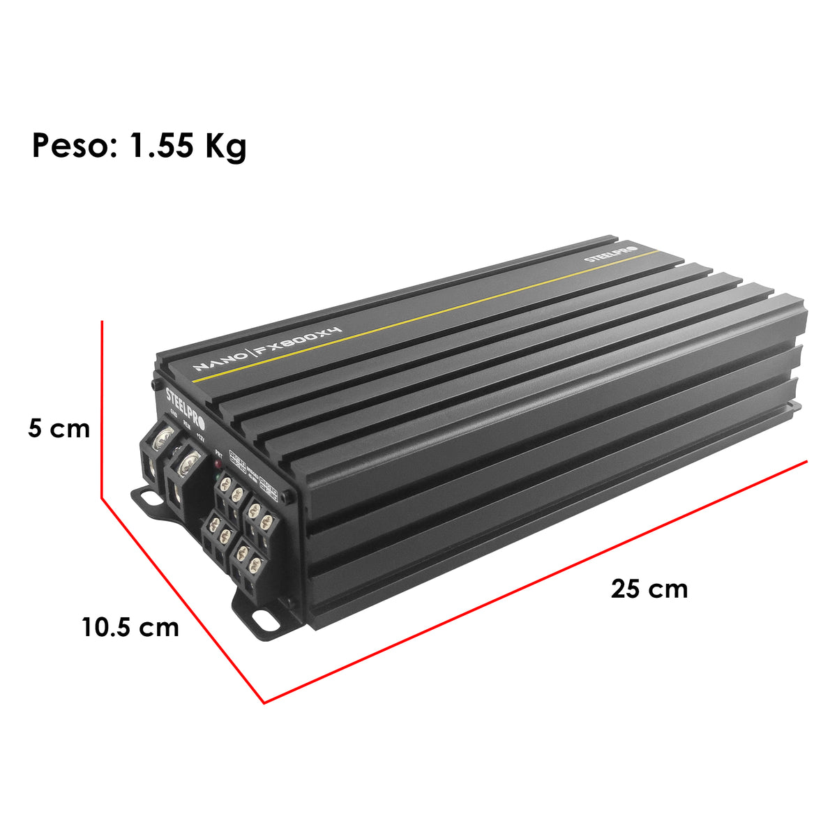 Steelpro NanoFX 800X4 Micro Amplificador High-End Car Audio 4 Canales Clase D 400W RMS x4 a 2 Ohms 3200W Max Modo Puente Crossover HPF LPF FULL Control Asimétrico Chip IRS2092 MOSFET 4227