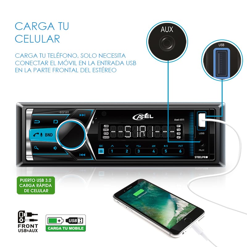 Autoestéreo Bluetooth Caratula Desmontable 1 DIN Axel / USB / Radio FM / RCA x4 / Ecualización desde la APP / Llamada por Voz - Steelpro