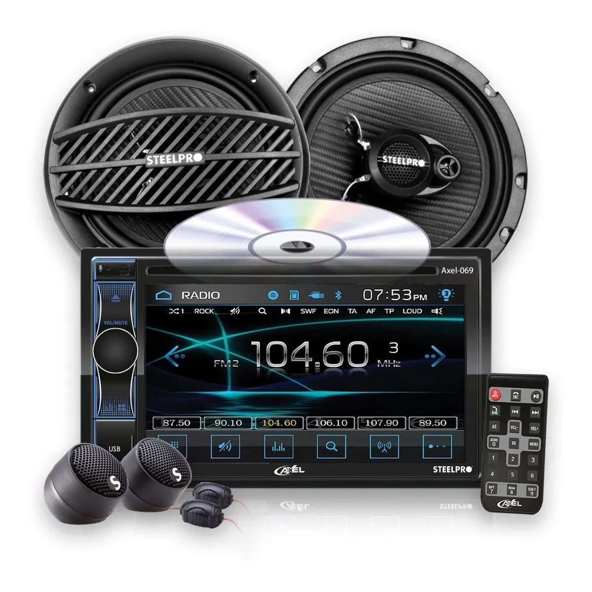 Kit Autoestereo Dvd Pantalla Axel Premium+2 Bocinas Steelpro
