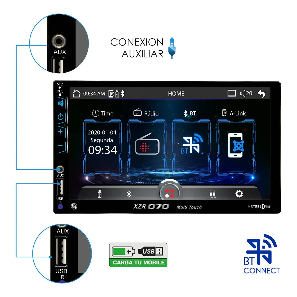 Kit Estereo Pantalla Carplay Bt + Bocinas 6x9 Y 6.5 Steelpro