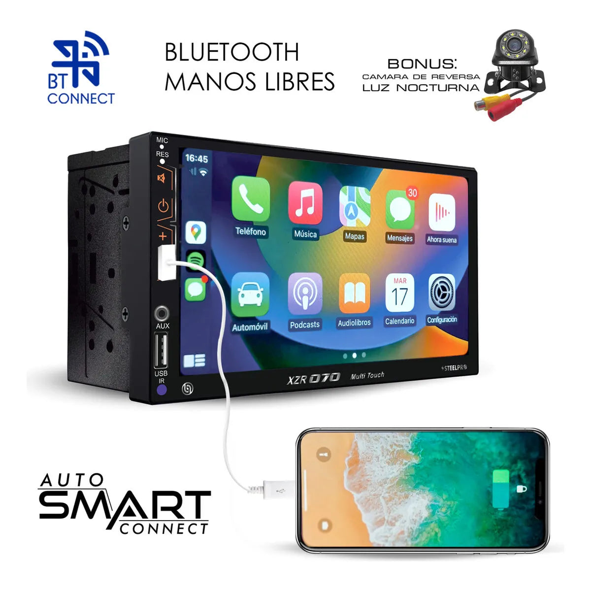 Kit Estereo Pantalla Carplay Bt + Bocinas 6x9 Y 6.5 Steelpro
