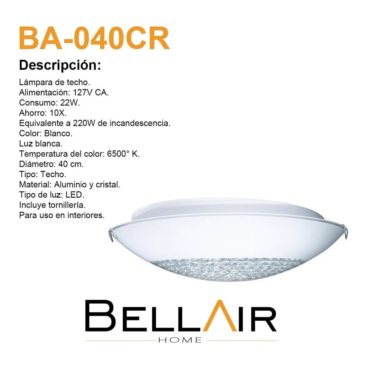 Lampara Techo Led 22w Foco Ahorrador Luz Blanca Cristal Color Blanco