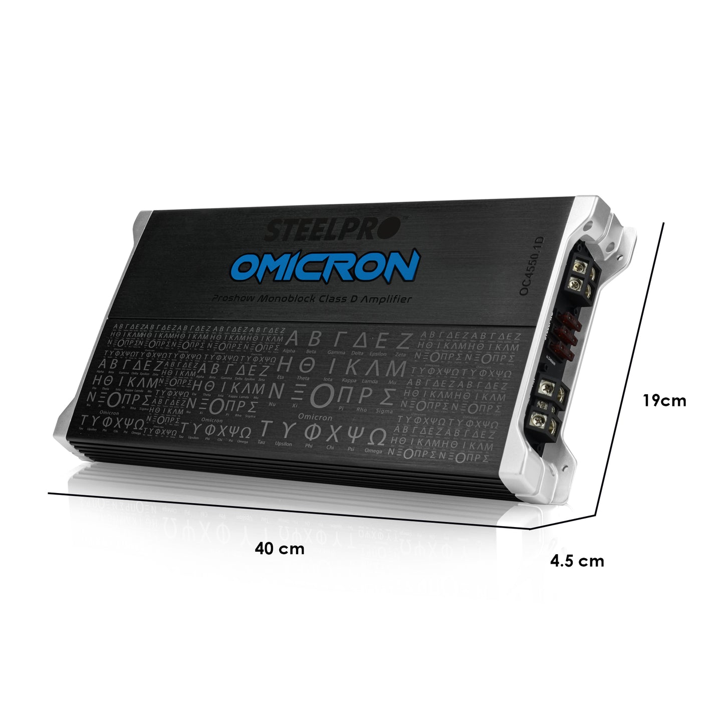 Amplificador OC-4550.1D Clase D Omicron by Steelpro para Subwoofer Monoblock Bass 4550W MAX 1 Ohm estable Alto Rendimiento Open Show, LPF, Bass Boost 12 dB,Filtro Subsonico, Fase Variable, Control de Bajos
