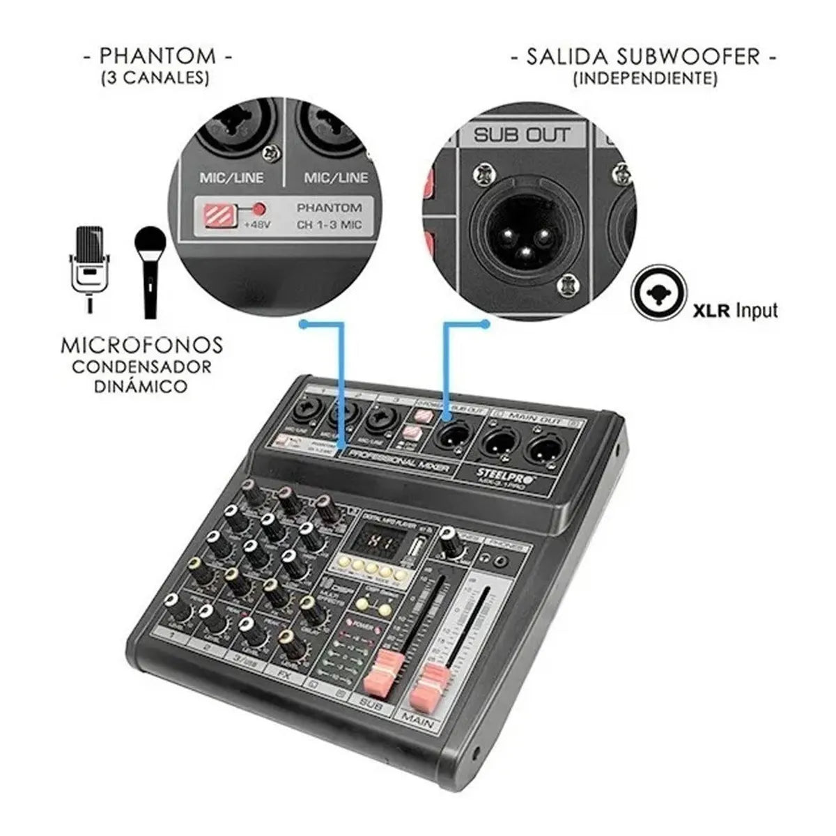 Mezcladora 4 Canales 3+subwoofer Xlr Bluetooth Usb Steelpro