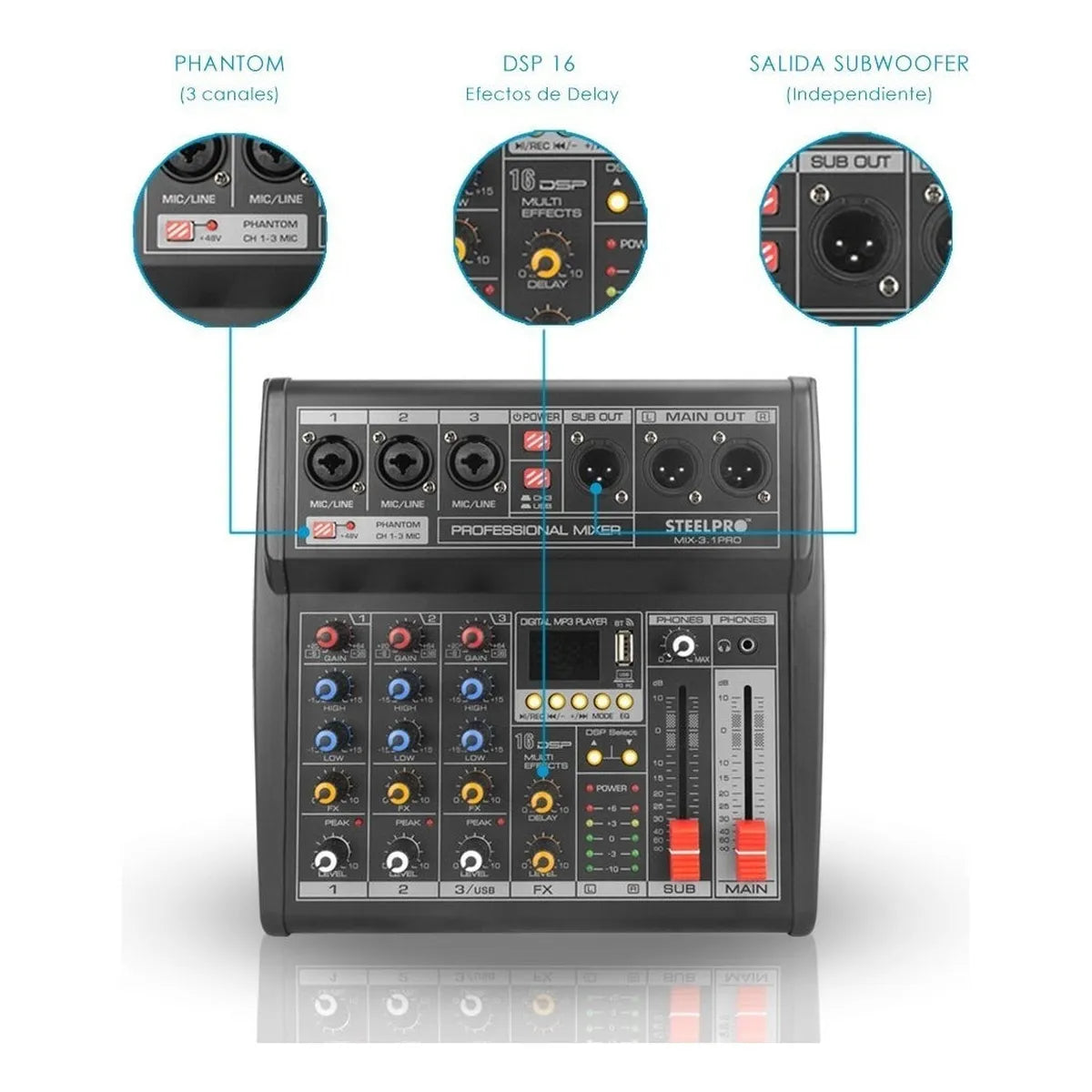 Mezcladora 4 Canales 3+subwoofer Xlr Bluetooth Usb Steelpro