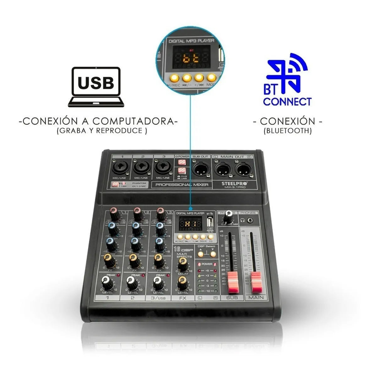 Mezcladora 4 Canales 3+subwoofer Xlr Bluetooth Usb Steelpro