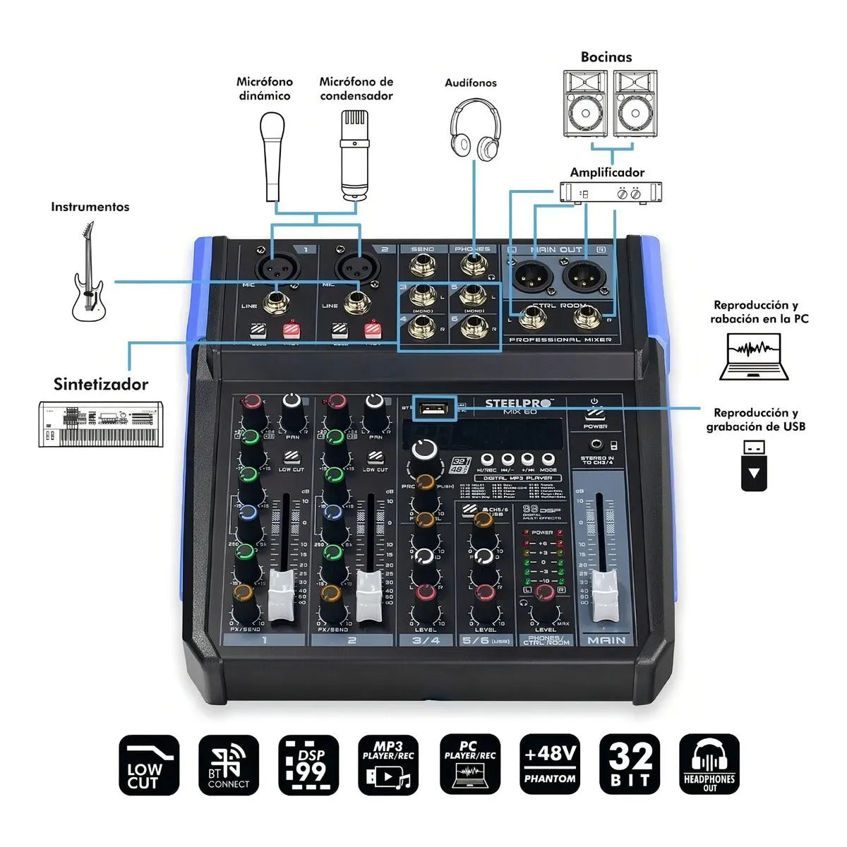 Mezcladora Audio 6 Canales 99 Efectos Bluetooth By Steelpro
