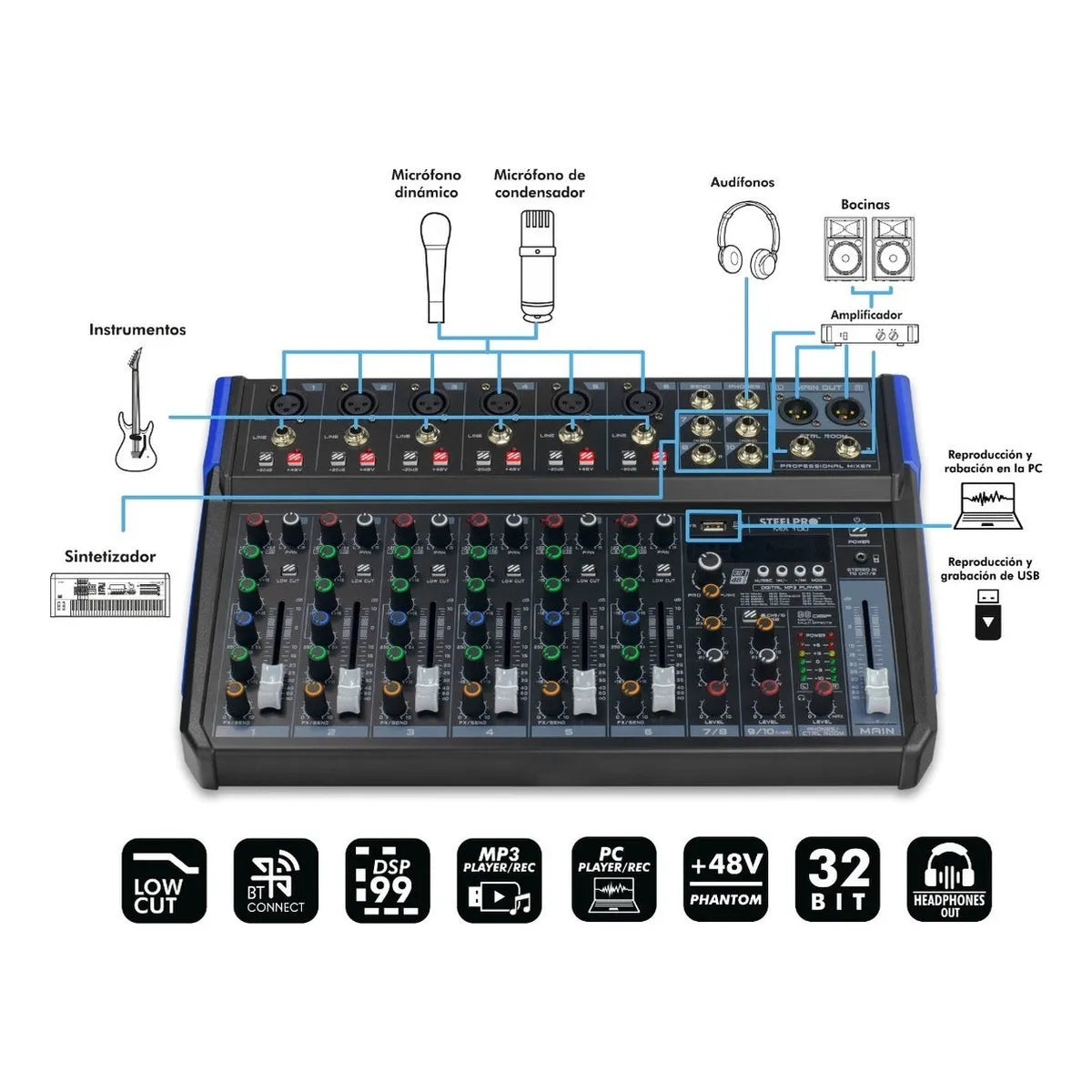Mezcladora Mixer De 10 Ch 99 Efectos Bluetooth Usb- Steelpro