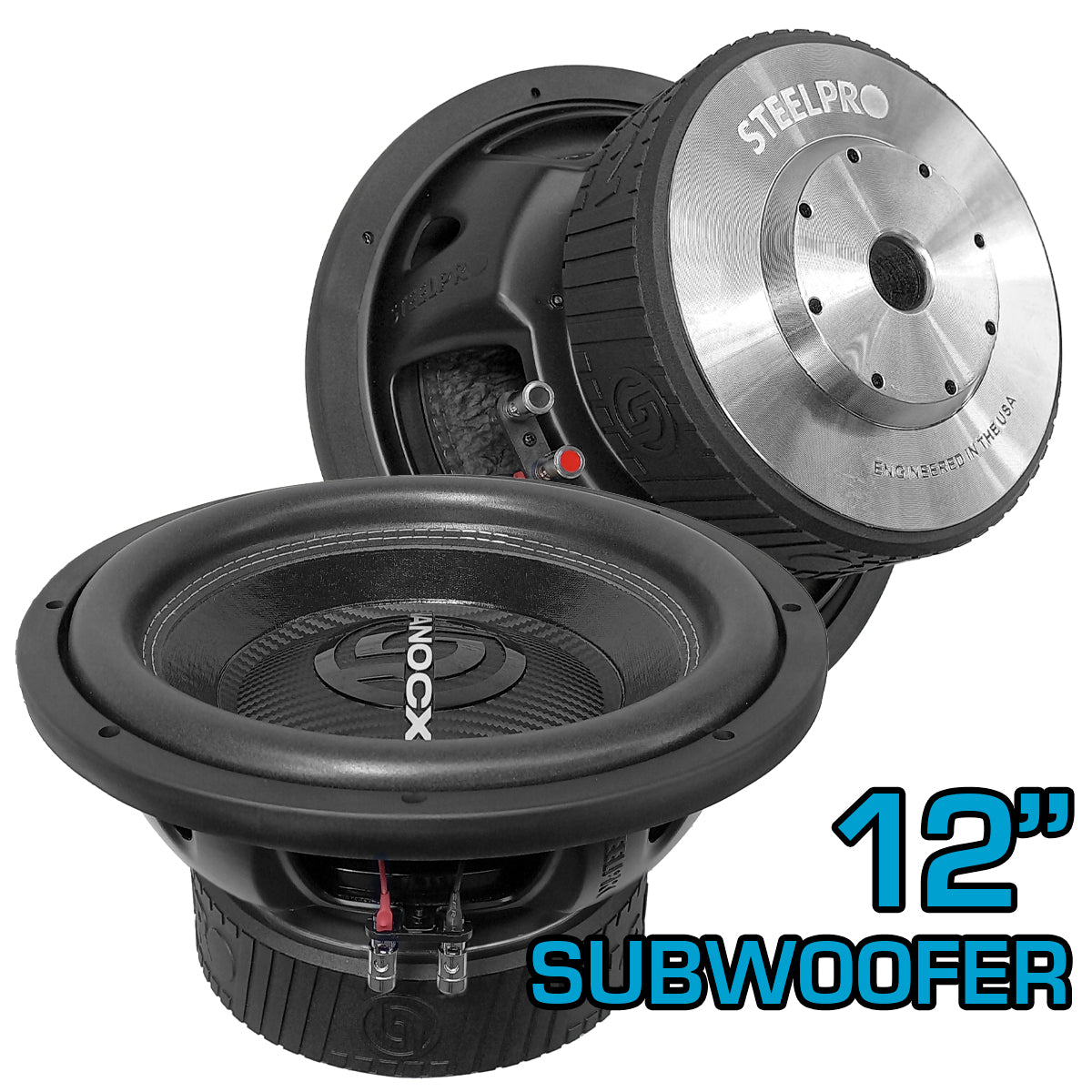NANO-CX12 Subwoofer 12 Pulgadas 3600w Doble Bobina Impedancia 4+4 Ohms Dustcap Fibra Carbono Openshow Terminales Push Ancha Suspensión De Goma Steelpro