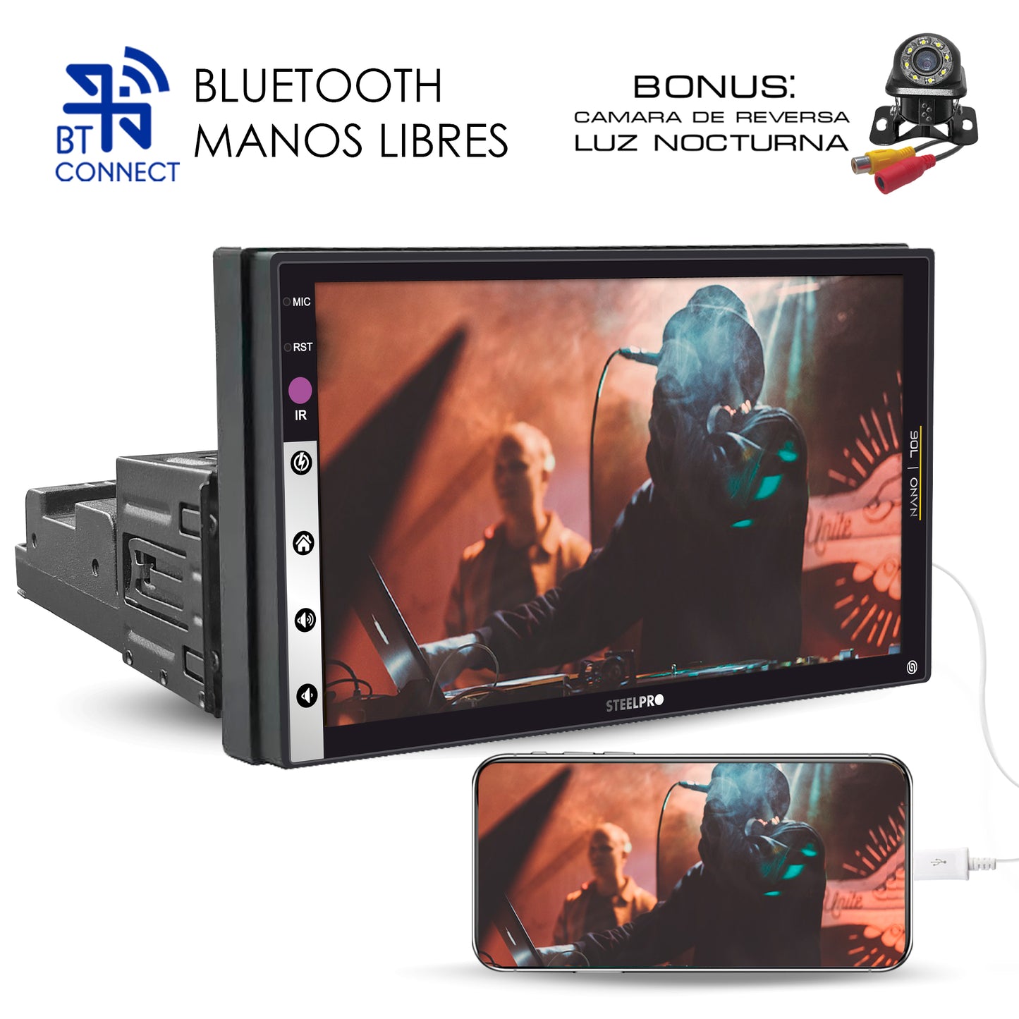 NANO-706 Autoestéreo 1 DIN Pantalla HD 7 Pulgadas Touch Bluetooth Mirror Link Doble USB RCA Cámara Reversa Control Volante Multimedia Nano By Steelpro