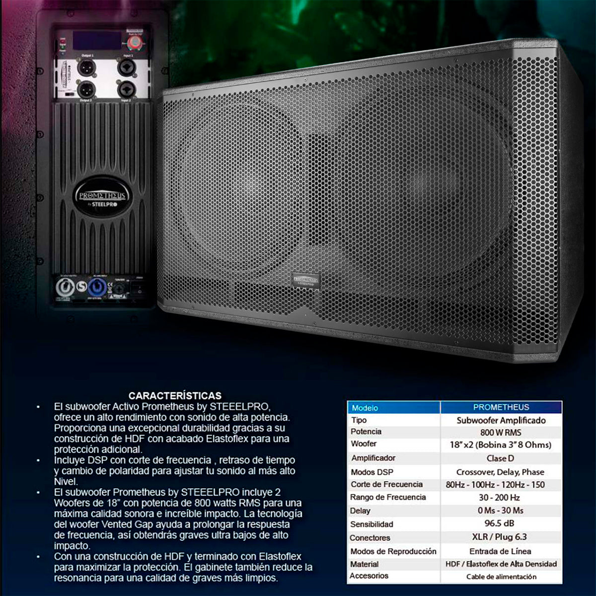 Subwoofer Amplificado Doble 18 Dsp 800w Prometheus Steelpro Color Negro
