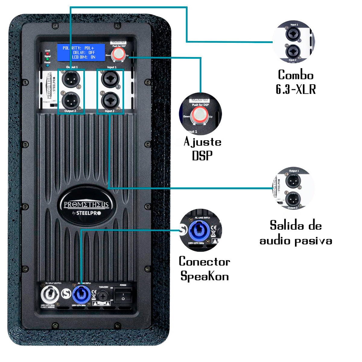 Subwoofer Amplificado Doble 18 Dsp 800w Prometheus Steelpro Color Negro