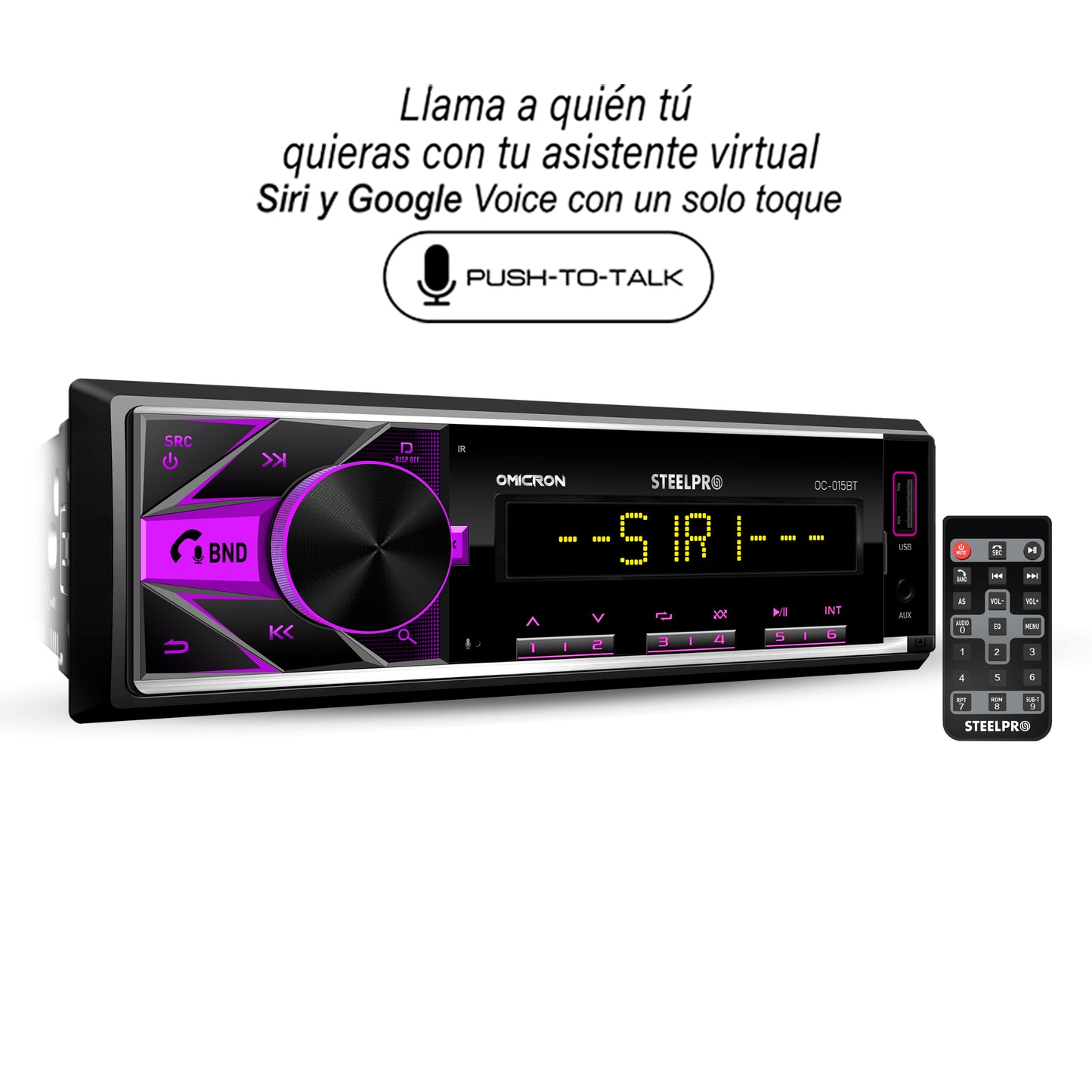 OC-015BT Autoestéreo 1 DIN Bluetooth Push To Talk 100W x4 USB Radio FM Carátula Desmontable Iluminación 3 Color Zone RCA Subwoofer Control Remoto Omicron by Steelpro