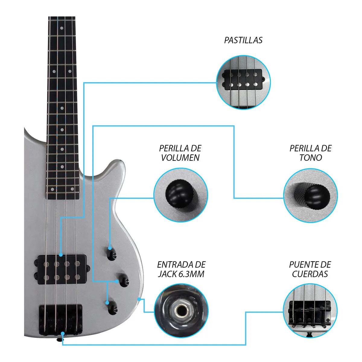 Paquete Bajo Electrico Jethro Series By Steelpro 504-sk Acabado Del Cuerpo Laqueado Cantidad De Cuerdas 4 Color Plateado Orientación De La Mano Diestro
