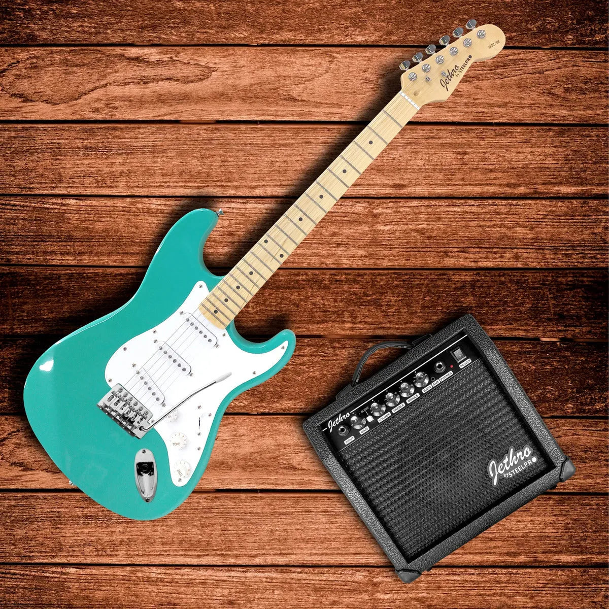 Paquete Guitarra Electrica Jethro Series By Steelpro 032 Color Sherwood Verde Diapasón De Maple Natural Para Diestro