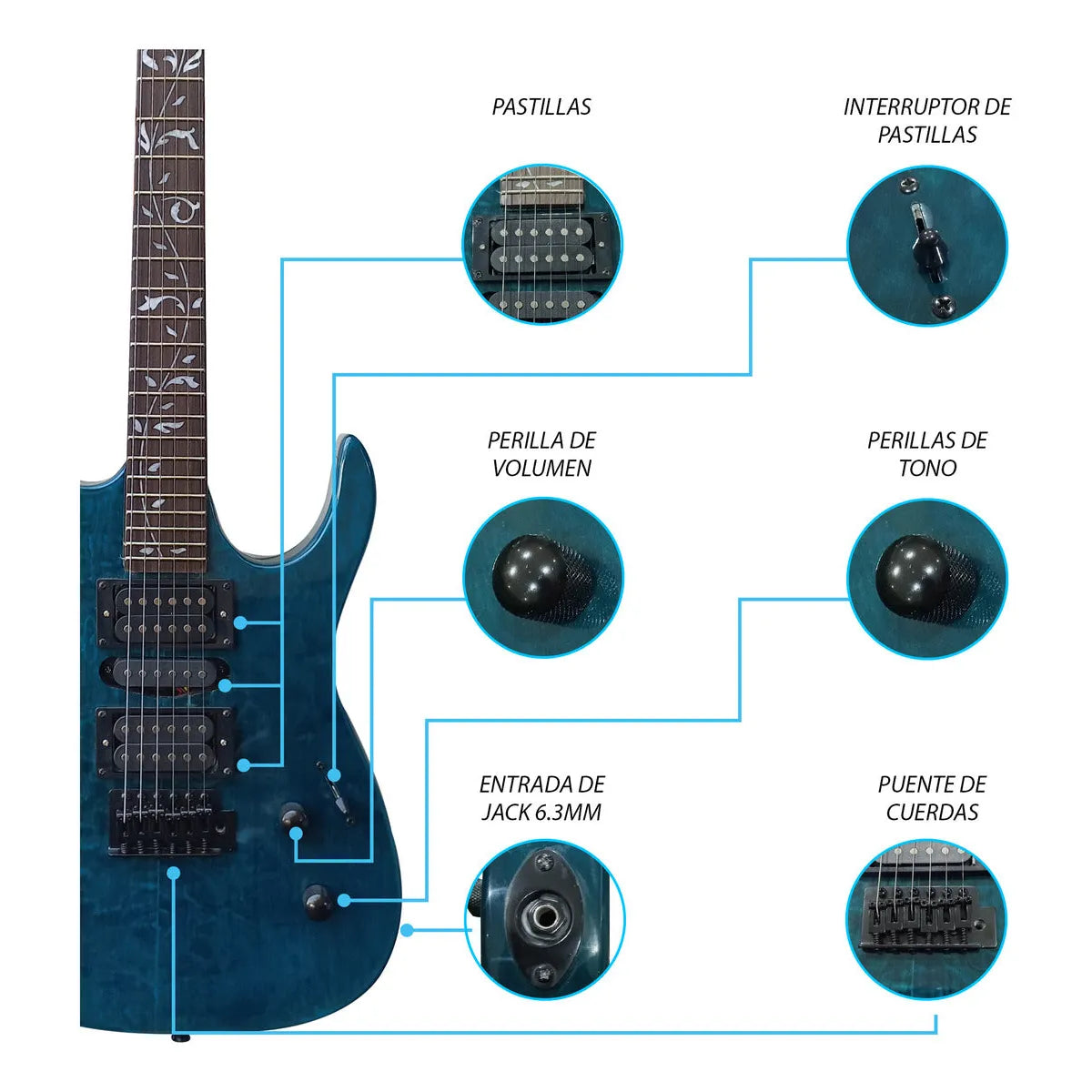 Paquete Guitarra Electrica Jethro Series By Steelpro 043-sk Color Quilted Blue Material Del Diapasón Alamo Negro Orientación De La Mano Diestro