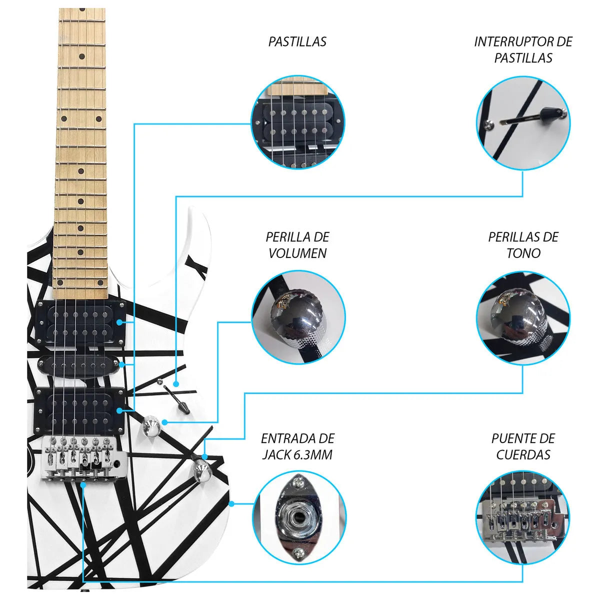 Paquete Guitarra Electrica Jethro Series By Steelpro 068-sk Color White And Black Strip Material Del Diapasón Maple Orientación De La Mano Diestro
