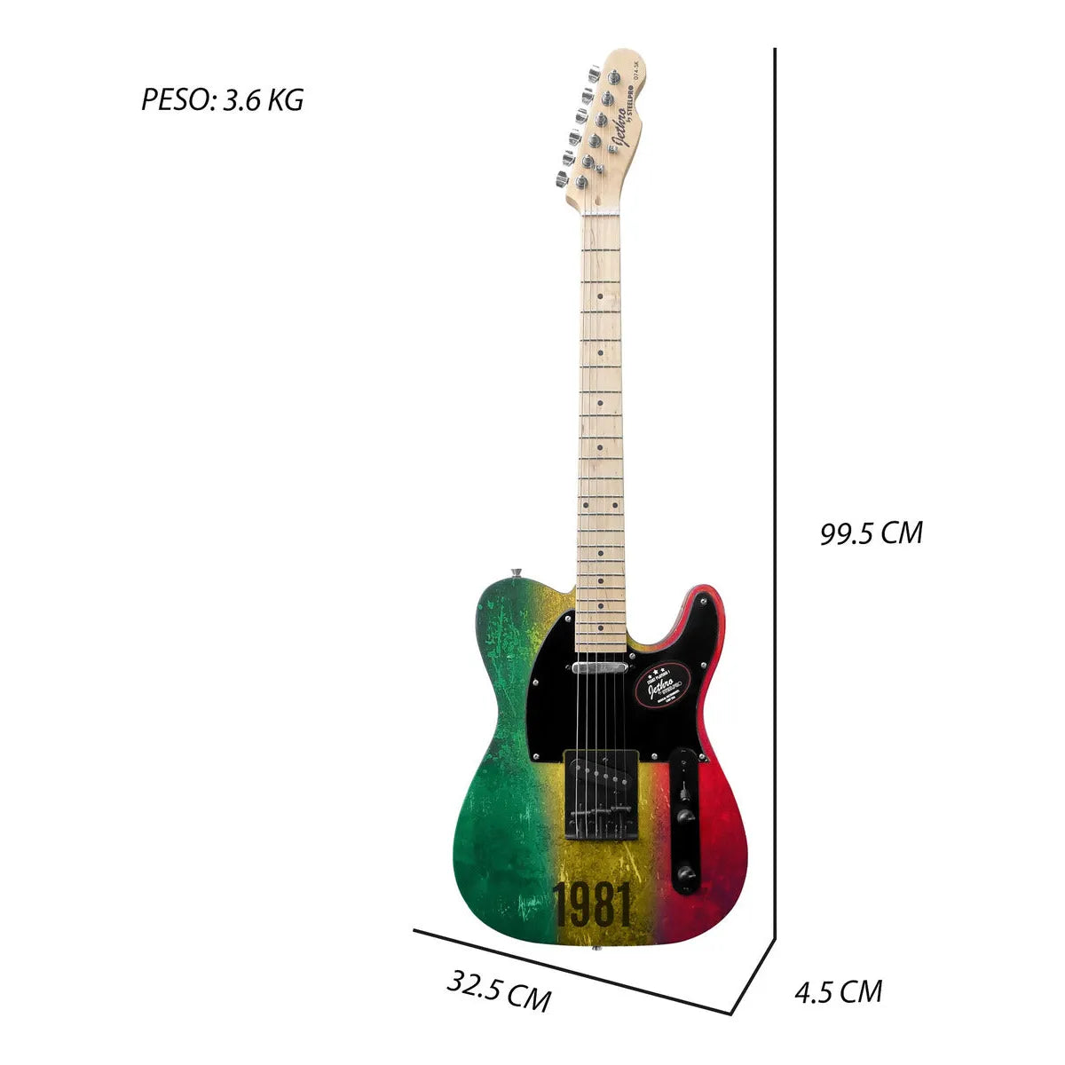 Paquete Guitarra Eléctrica Reggae 1981 Jethro Steelpro 074 Color Green Yellow Red Binding Black Material Del Diapasón Maple Natural Orientación De La Mano Diestro