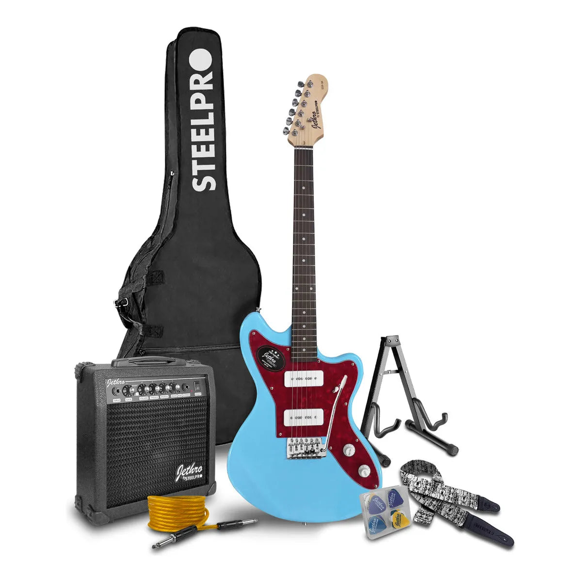 Paquete Guitarra Electrica Series Jethro By Steelpro 059 Color Sky Blue Diapasón De Álamo Laminado Para Diestro